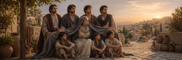 A mother shelters her seven sons beneath her mantle while courageously releasing them toward faithful witness